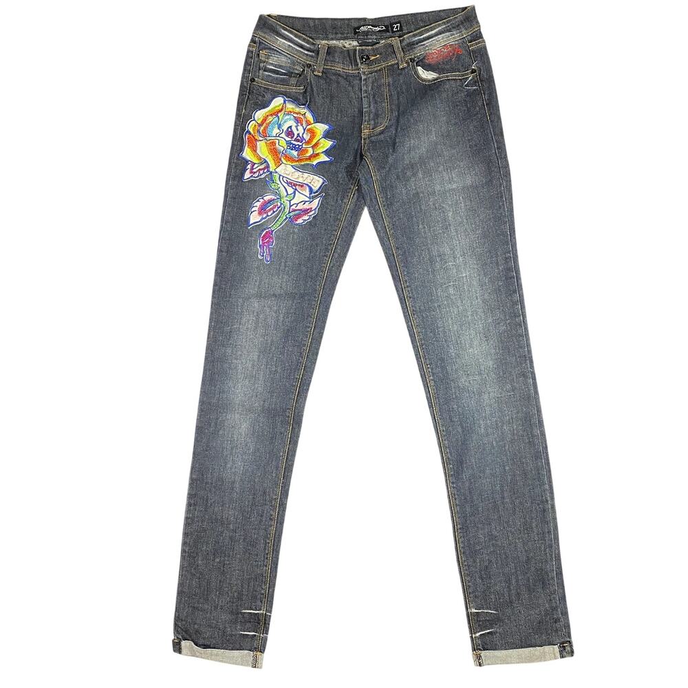 Ed Hardy Jeans Womens 27 Skinny Straight Rhinestone Skull Rose Embroidered Blue
